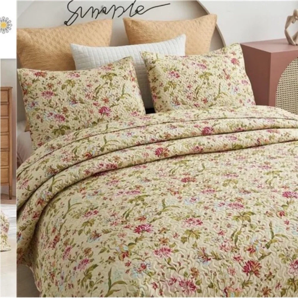Floral Quilt Set Queen Size, Reversible Cotton Quilt Bedding Set